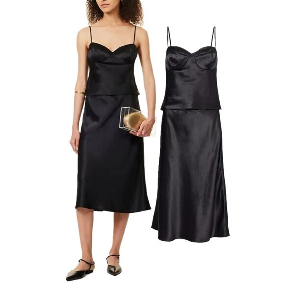REFORMATION Sia Silk Two-Piece Sleeveless Top and Midi Skirt Set (Black) - Picture 9 of 16